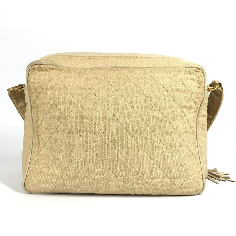 Chanel Shoulder Bag Logo Quilted Fringe Tassel Canvas Beige