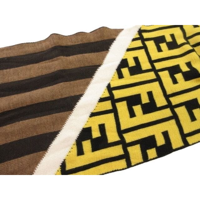 Fendi Knit Scarf Shawl Zucca Pattern Stripe Switch Yellow Brown Wool — view 3