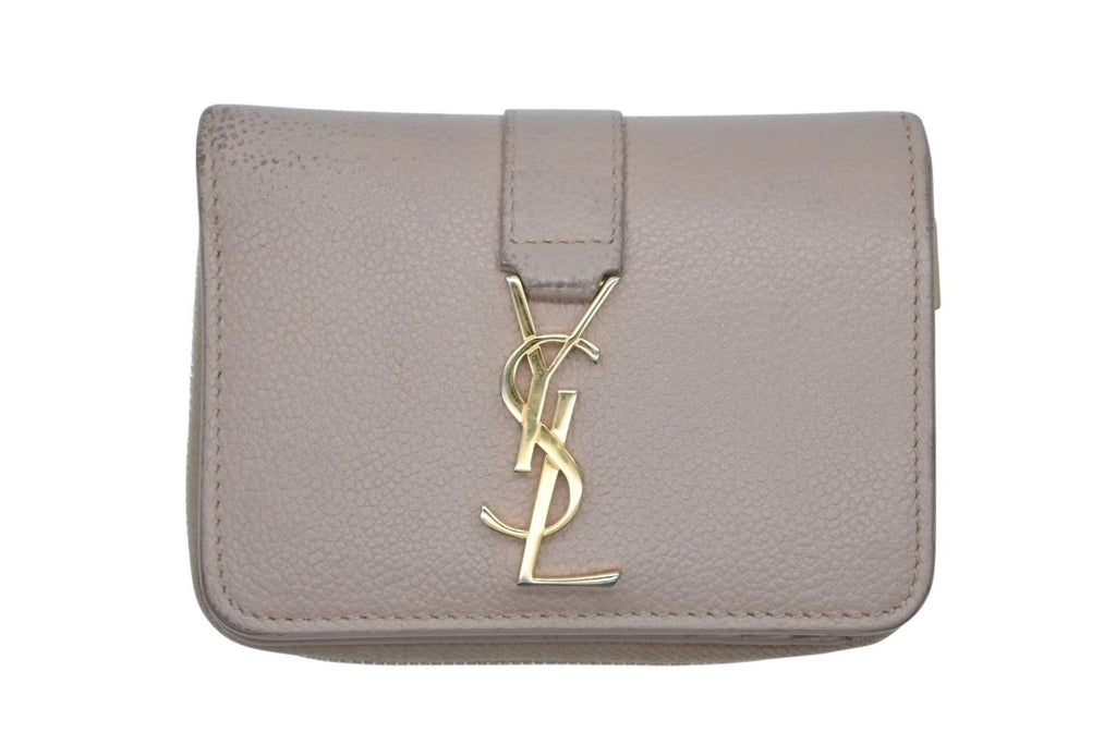 Saint Laurent Cassandra Zip Wallet Bifold Gray de Poudre Leather Beige Gold