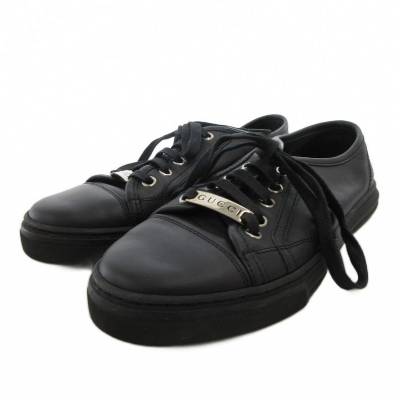 Gucci Sneakers Shoes Leather Low Cut Logo Plate 35 Black FF Gy19 — view 2