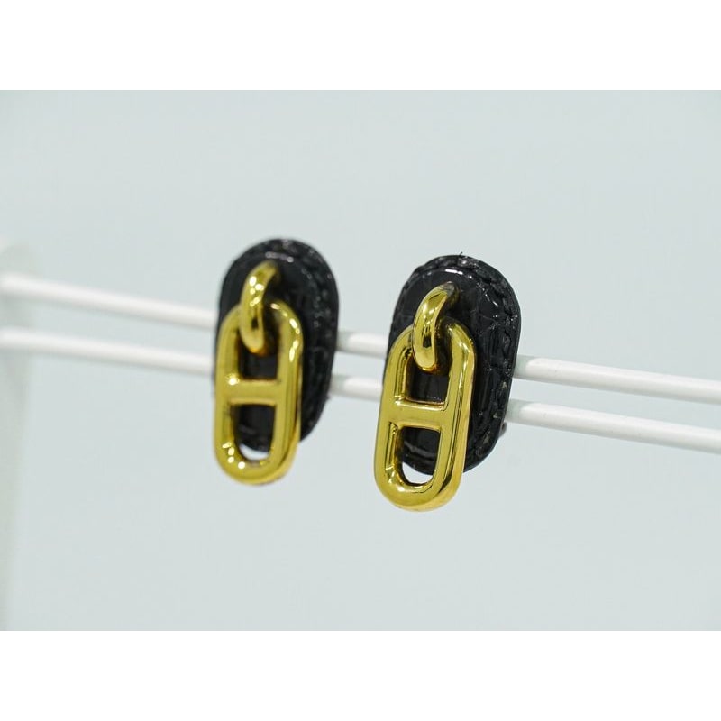 Hermes Chaine D'ancre Earrings GP Gold Plated Leather Black Accessories — view 8