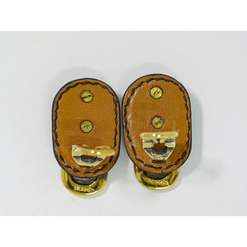 Hermes Chaine D'ancre Earrings GP Gold Plated Leather Black Accessories — view 5