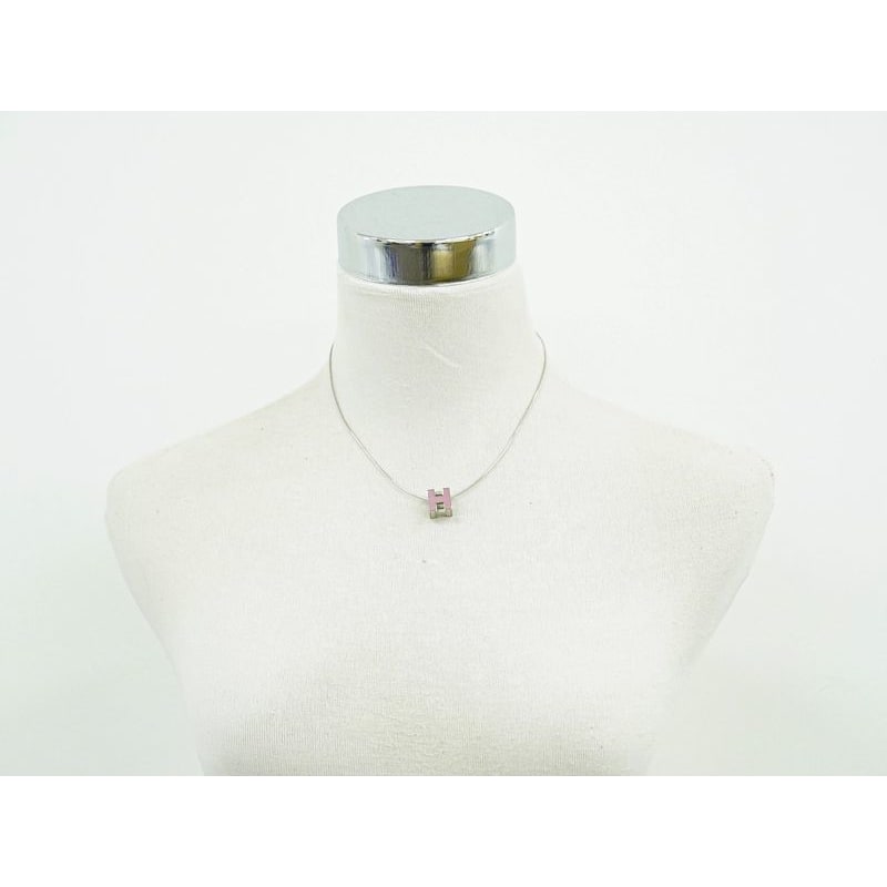 Hermes H Cube Necklace Pendant Metal Silver Hardware Pink Accessories — view 8