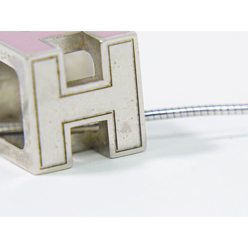 Hermes H Cube Necklace Pendant Metal Silver Hardware Pink Accessories — view 4