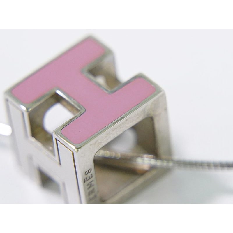 Hermes H Cube Necklace Pendant Metal Silver Hardware Pink Accessories — view 6