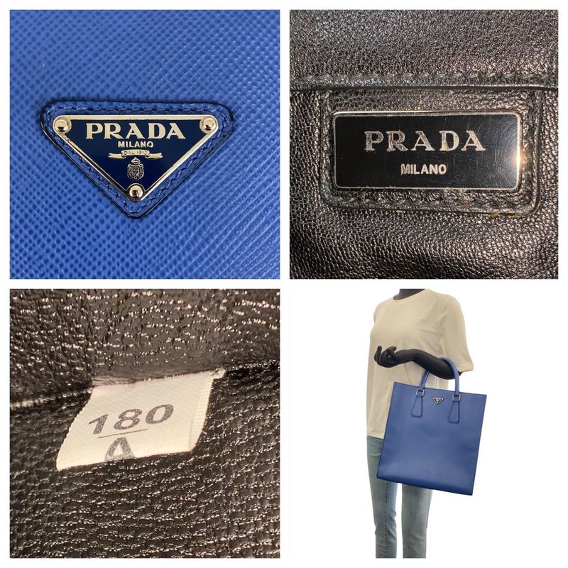 Prada Saffiano Triangle Logo Plate Blue Silver Hardware Leather Tote Bag — view 5