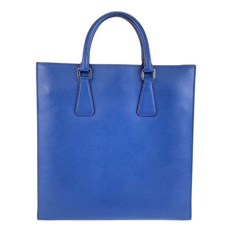 Prada Saffiano Triangle Logo Plate Blue Silver Hardware Leather Tote Bag — view 3
