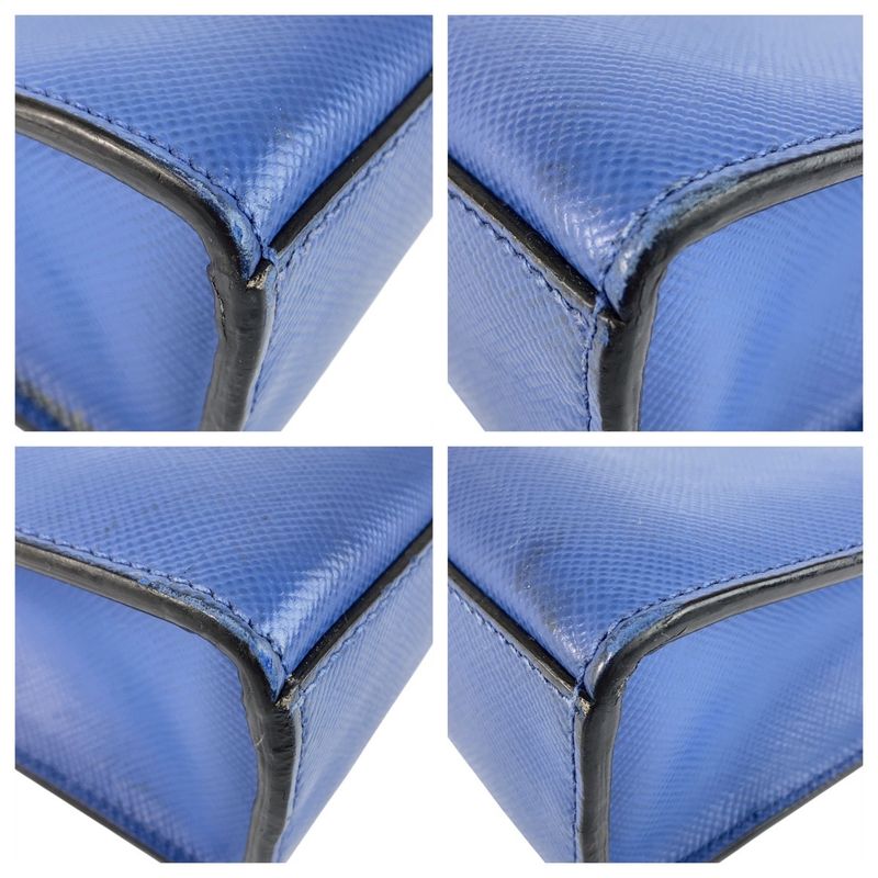 Prada Saffiano Triangle Logo Plate Blue Silver Hardware Leather Tote Bag — view 4
