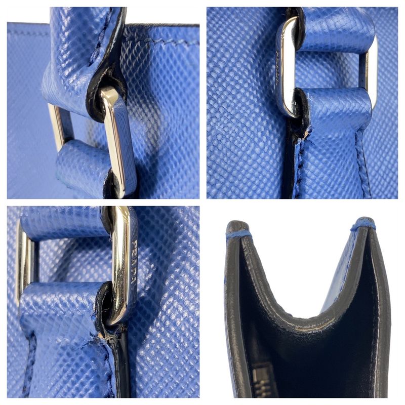 Prada Saffiano Triangle Logo Plate Blue Silver Hardware Leather Tote Bag — view 6