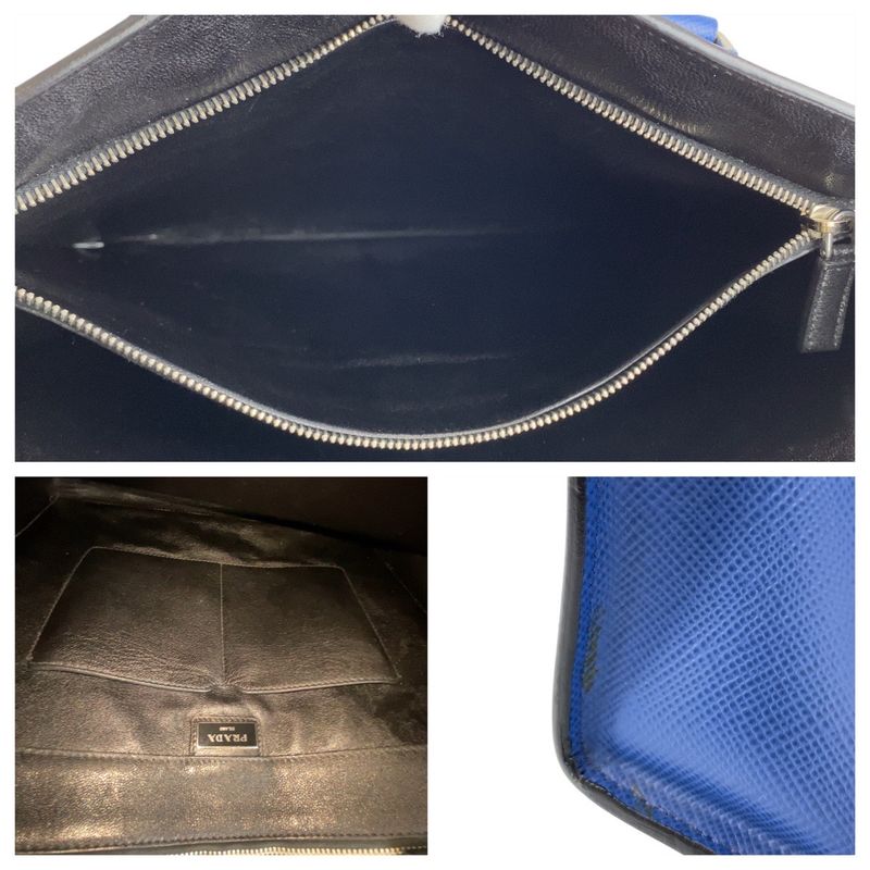 Prada Saffiano Triangle Logo Plate Blue Silver Hardware Leather Tote Bag — view 8