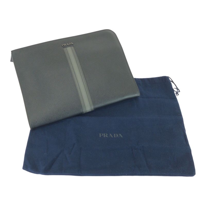 Prada Saffiano L-shaped Zipper Black Gray Silver Hardware Leather Clutch Bag — view 7