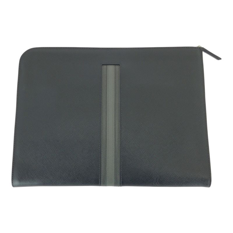 Prada Saffiano L-shaped Zipper Black Gray Silver Hardware Leather Clutch Bag — view 3