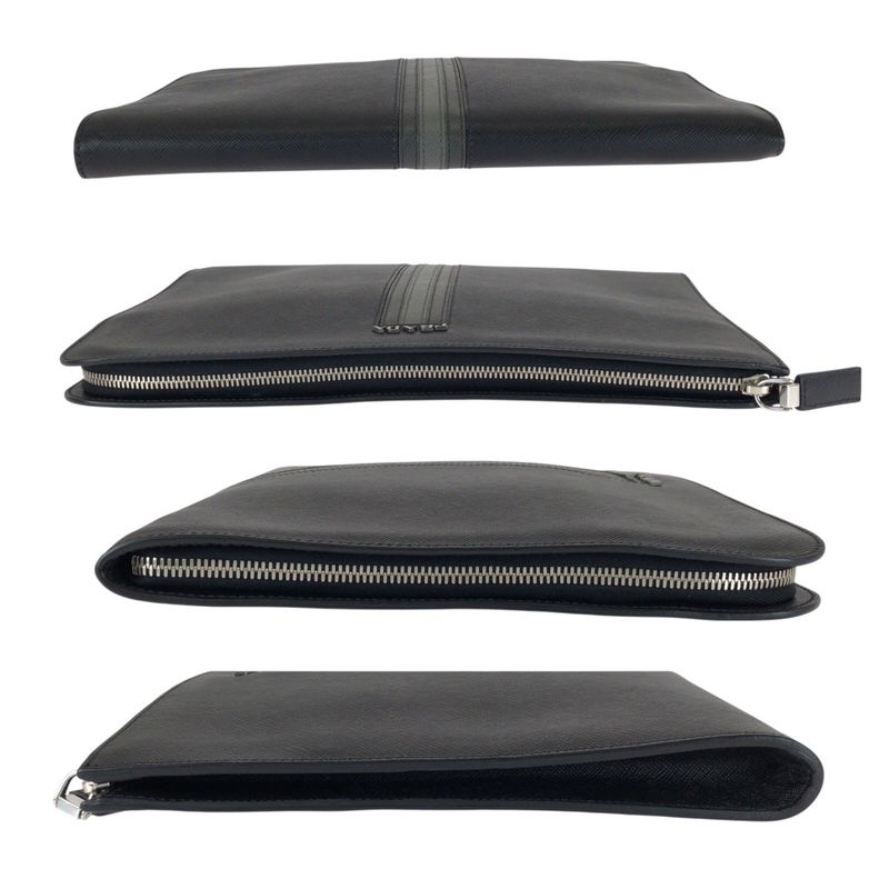 Prada Saffiano L-shaped Zipper Black Gray Silver Hardware Leather Clutch Bag — view 9