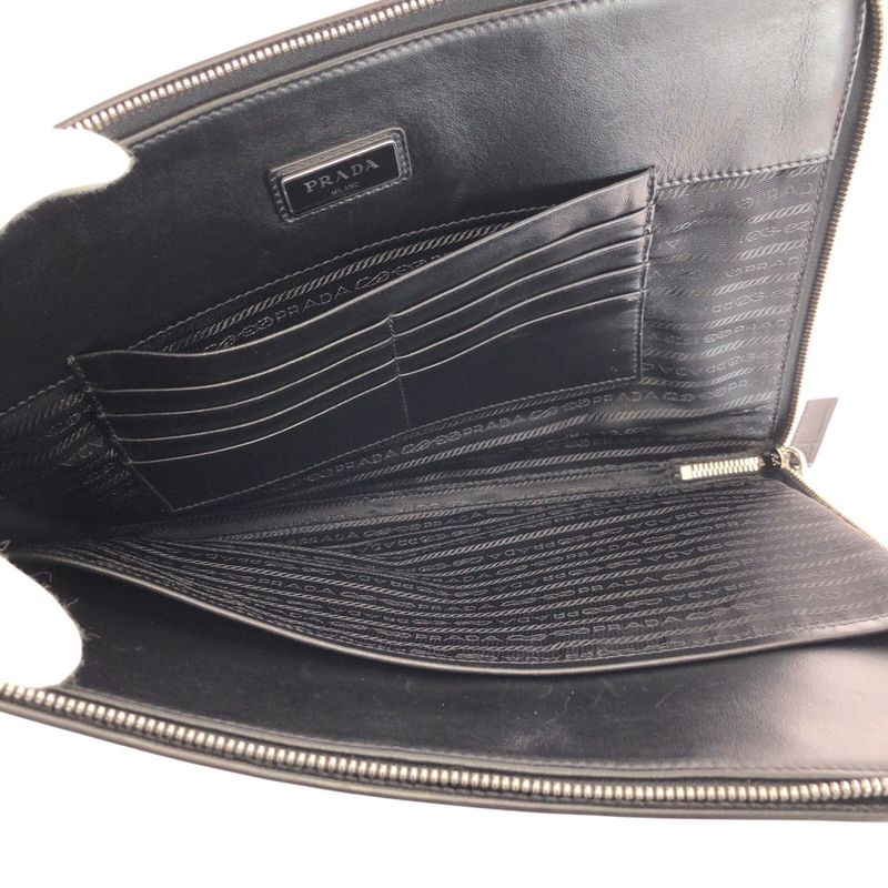 Prada Saffiano L-shaped Zipper Black Gray Silver Hardware Leather Clutch Bag — view 8