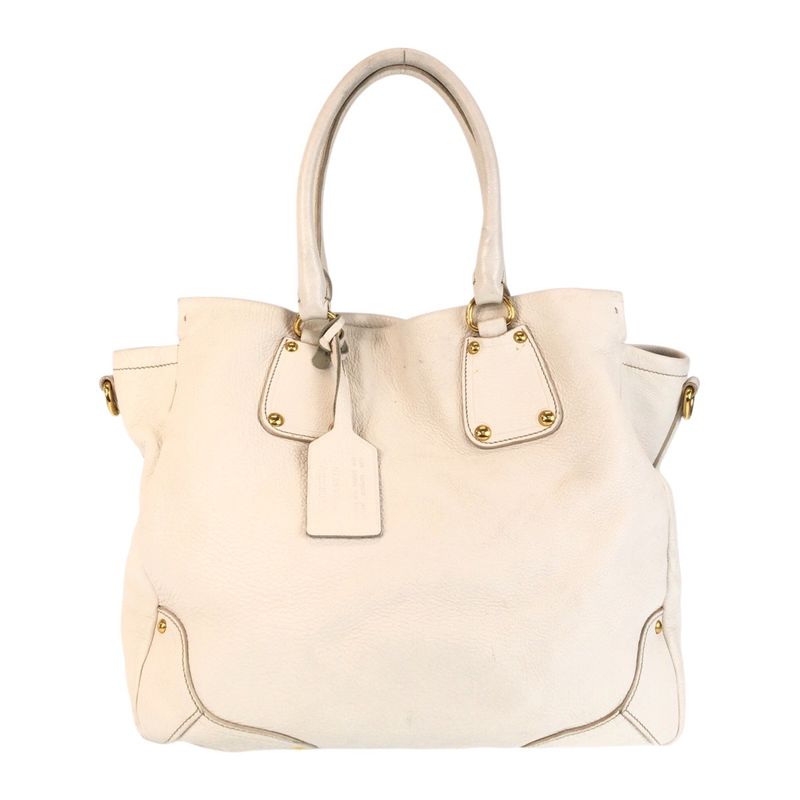Prada Vitello Daino White Ivory Gold Hardware Leather Tote Bag 2-Way