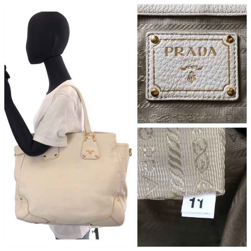 Prada Vitello Daino White Ivory Gold Hardware Leather Tote Bag 2-Way