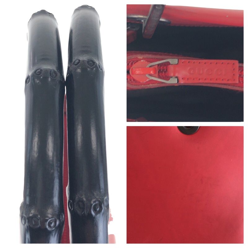 Gucci Bamboo Red Black Leather 012 1016 Tote Bag 2-Way