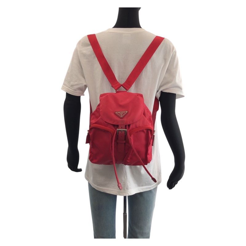 Prada Tessuto Triangle Logo Plate Red Silver Hardware Nylon Leather Rucksack Day — view 8