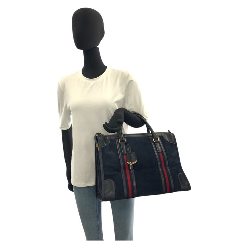 Gucci Sherry Line Navy Gold Hardware Suede Leather Handbag — view 8