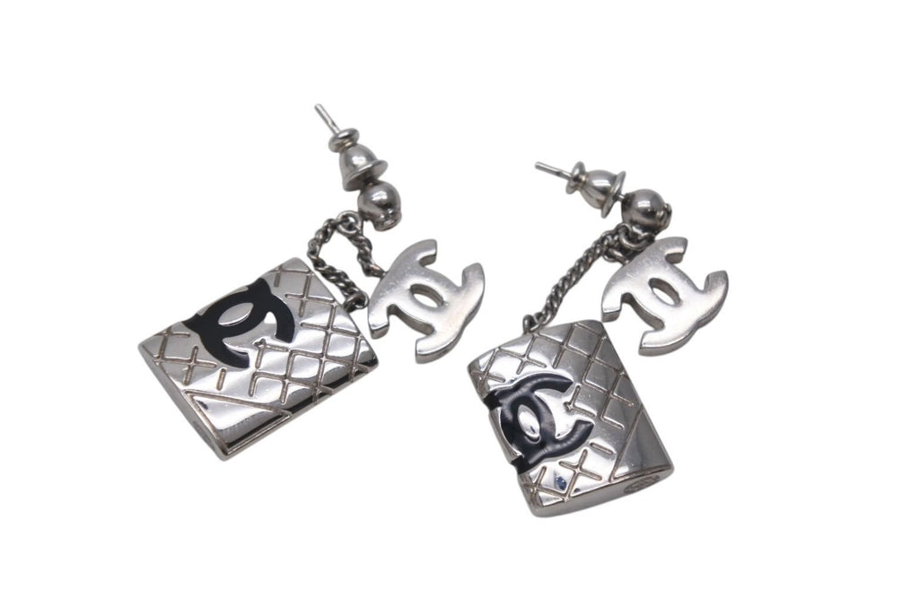 Chanel Earrings CC Logo Dangling 95c Metal Silver Black