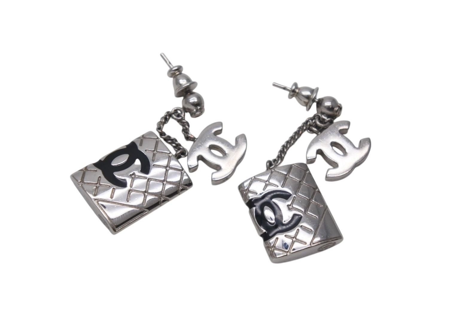 Chanel Earrings CC Logo Dangling 95c Metal Silver Black