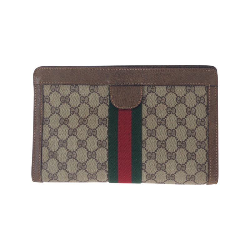 Gucci Vintage Sherry Line Brown Beige GG Supreme Canvas Clutch Bag Second — view 3