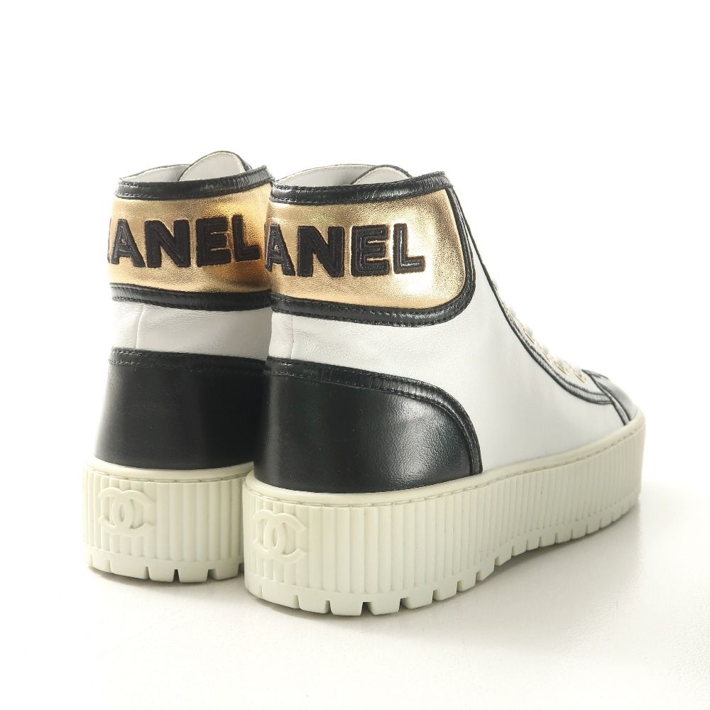Chanel Sneakers 35 C CC Logo High Cut Leather Shoes White Black — view 3