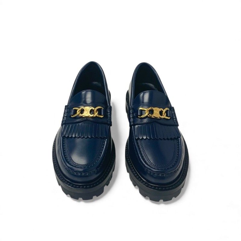 Celine Margaret Loafer Leather Shoes Navy Gold Triomphe Flat — view 2