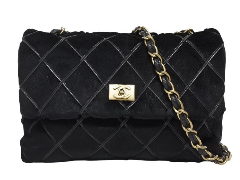 Chanel S Chain Shoulder Bag CC Logo Rabbit Fur Calf Hair Black Gold