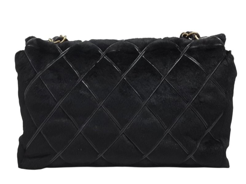Chanel S Chain Shoulder Bag CC Logo Rabbit Fur Calf Hair Black Gold — view 2