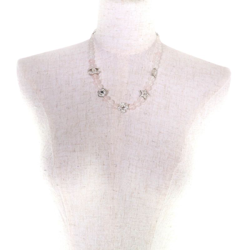 Chanel 2025 B25 P Natural Stone Rhinestone Necklace White Pink Silver — view 5
