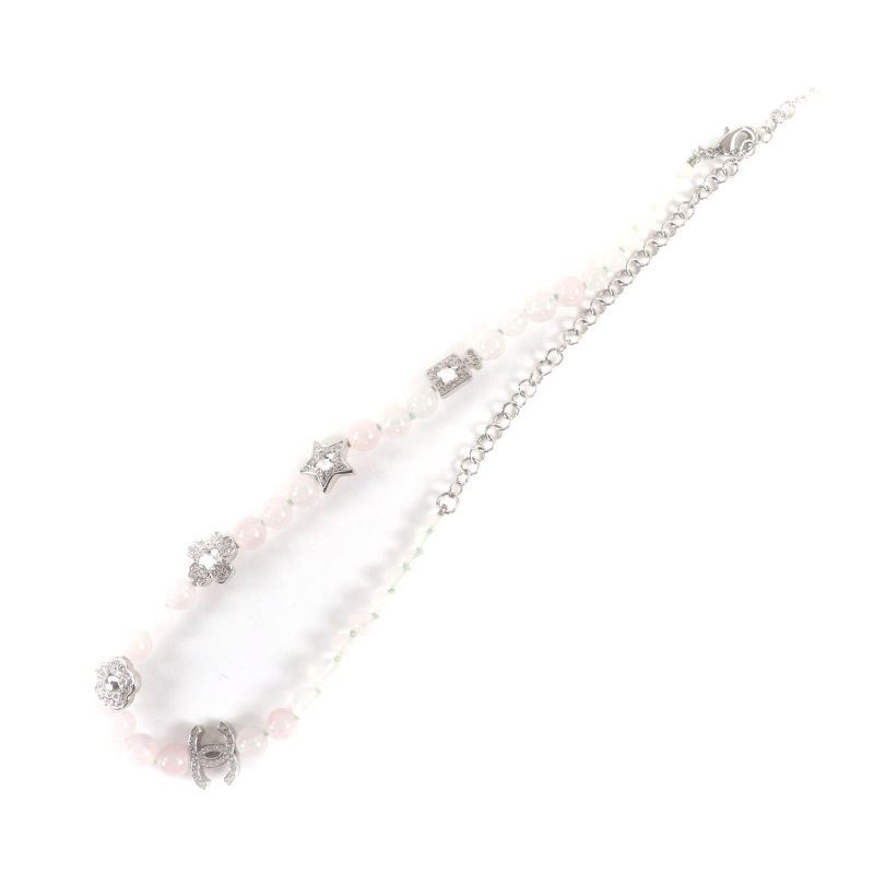 Chanel 2025 B25 P Natural Stone Rhinestone Necklace White Pink Silver — view 6