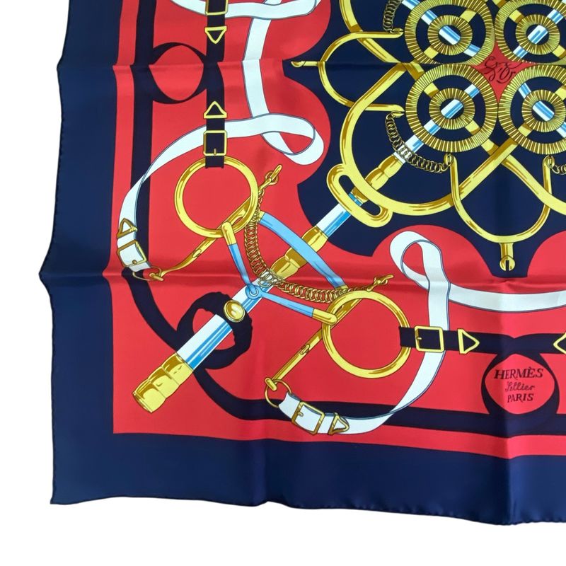 Hermes Carre 90 Scarf Eperon D'or Golden Spurs 100% Silk Navy Red Box — view 5