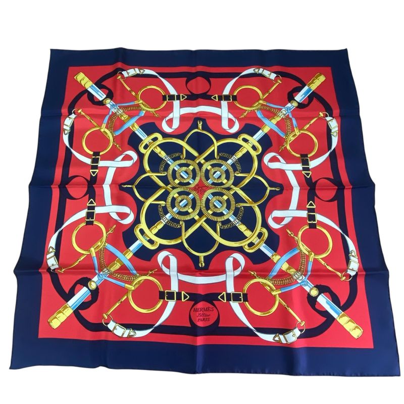 Hermes Carre 90 Scarf Eperon D'or Golden Spurs 100% Silk Navy Red Box — view 2