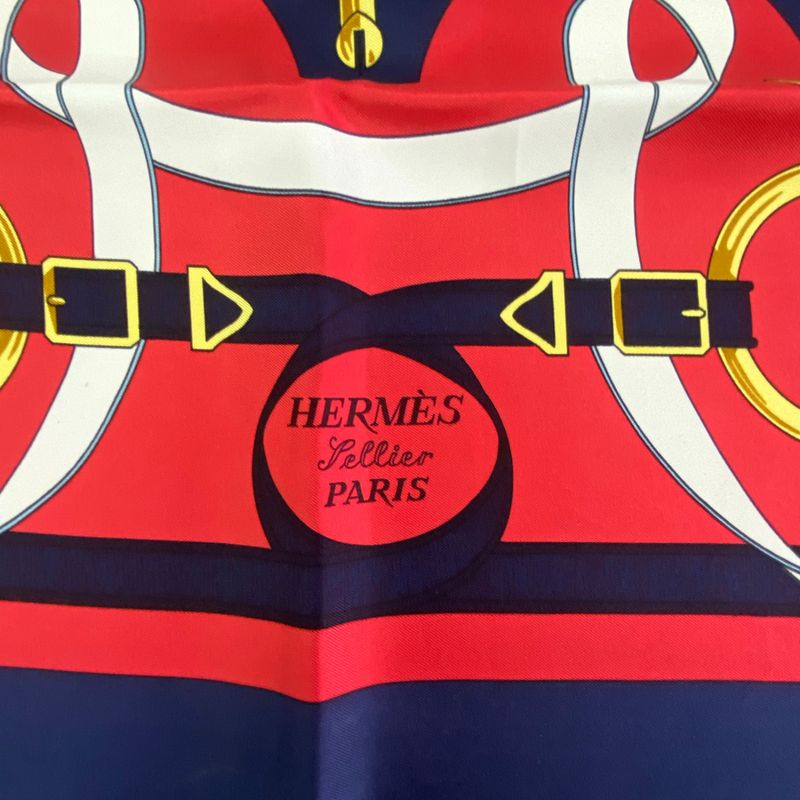 Hermes Carre 90 Scarf Eperon D'or Golden Spurs 100% Silk Navy Red Box — view 7