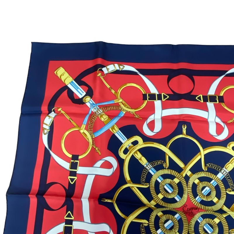 Hermes Carre 90 Scarf Eperon D'or Golden Spurs 100% Silk Navy Red Box — view 3
