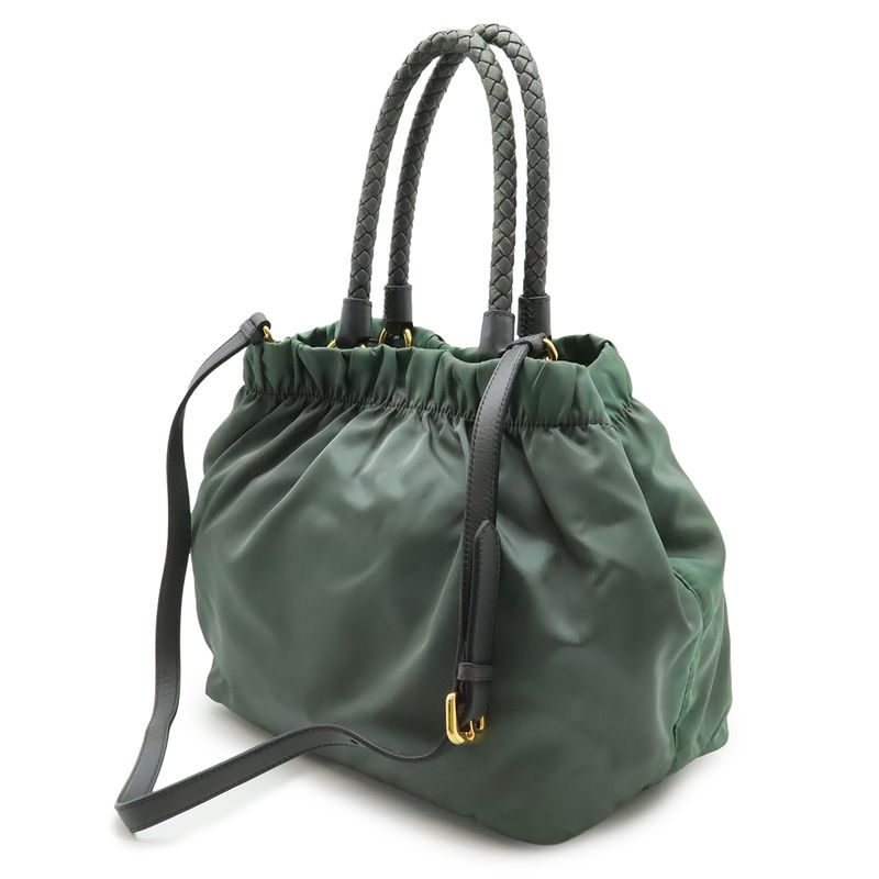Prada Gathered Ribbon Handbag Braided Handle 2-Way Shoulder Bag Nylon Ardesia — view 3