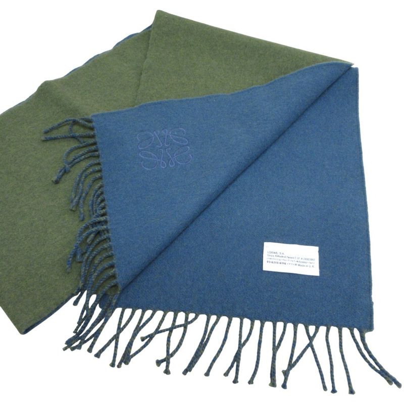 Loewe Anagram Embroidery Cashmere Blend Fringe Bicolor Muffler Khaki Blue Scarf — view 2