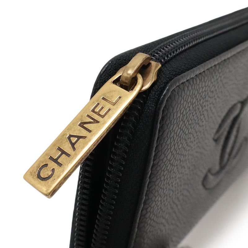 Chanel Coco Mark Round Zipper Wallet Caviar Leather Black Gold Hardware — view 4