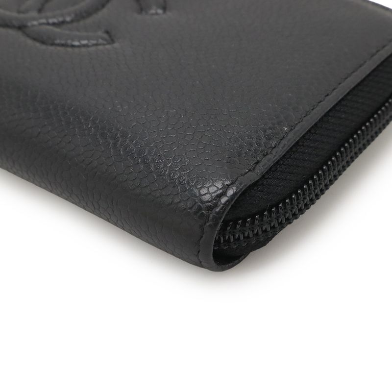 Chanel Coco Mark Round Zipper Wallet Caviar Leather Black Gold Hardware — view 3