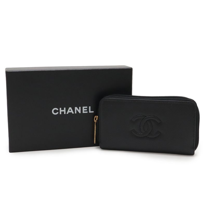 Chanel Coco Mark Round Zipper Wallet Caviar Leather Black Gold Hardware — view 9