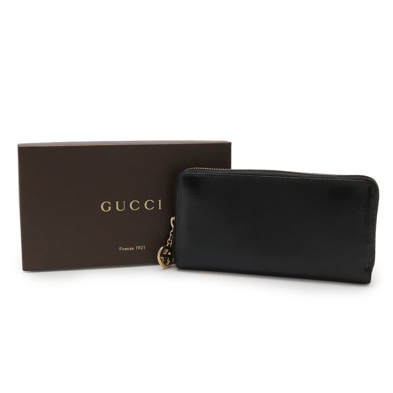 Gucci Lovely Round Zipper Long Wallet Shiny Leather Black Gold Hardware — view 9