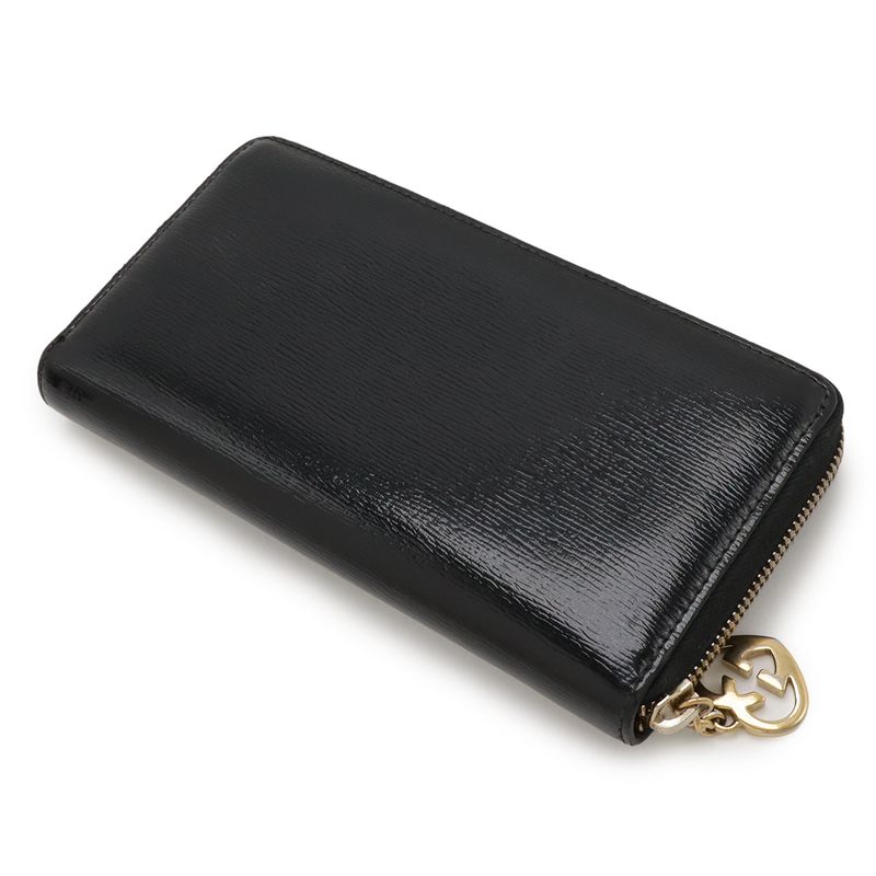 Gucci Lovely Round Zipper Long Wallet Shiny Leather Black Gold Hardware — view 2