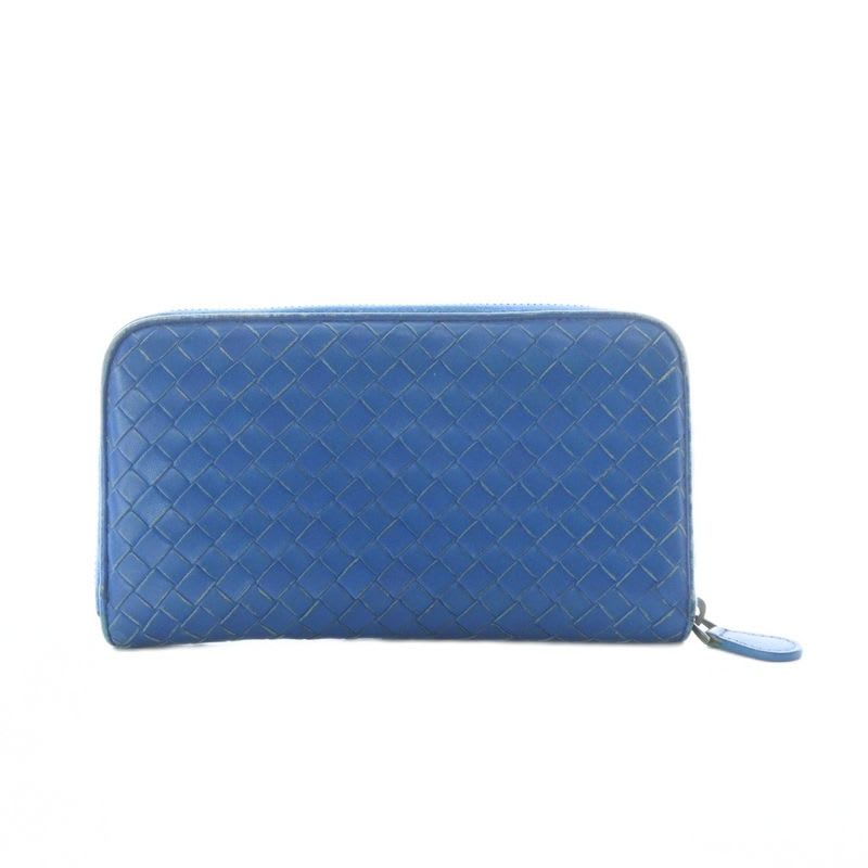 Bottega Veneta Long Wallet Leather Coin Purse Round Zipper Intrecciato Blue — view 2