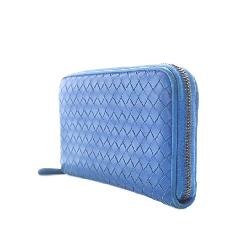 Bottega Veneta Long Wallet Leather Coin Purse Round Zipper Intrecciato Blue — view 3