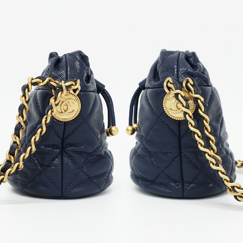 Chanel Shoulder Bag Mini Drawstring Navy Gold Hardware Caviar Leather — view 5