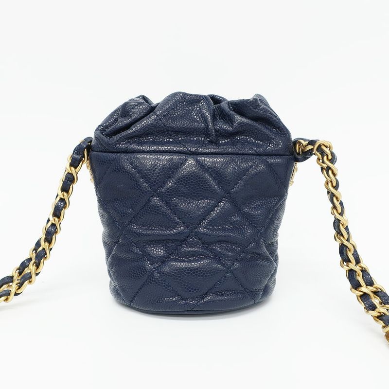 Chanel Shoulder Bag Mini Drawstring Navy Gold Hardware Caviar Leather — view 3
