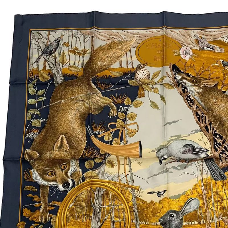 Hermes Scarf Silk Carre 90 Chasse Au BOIS Forest Hunting Gray — view 2