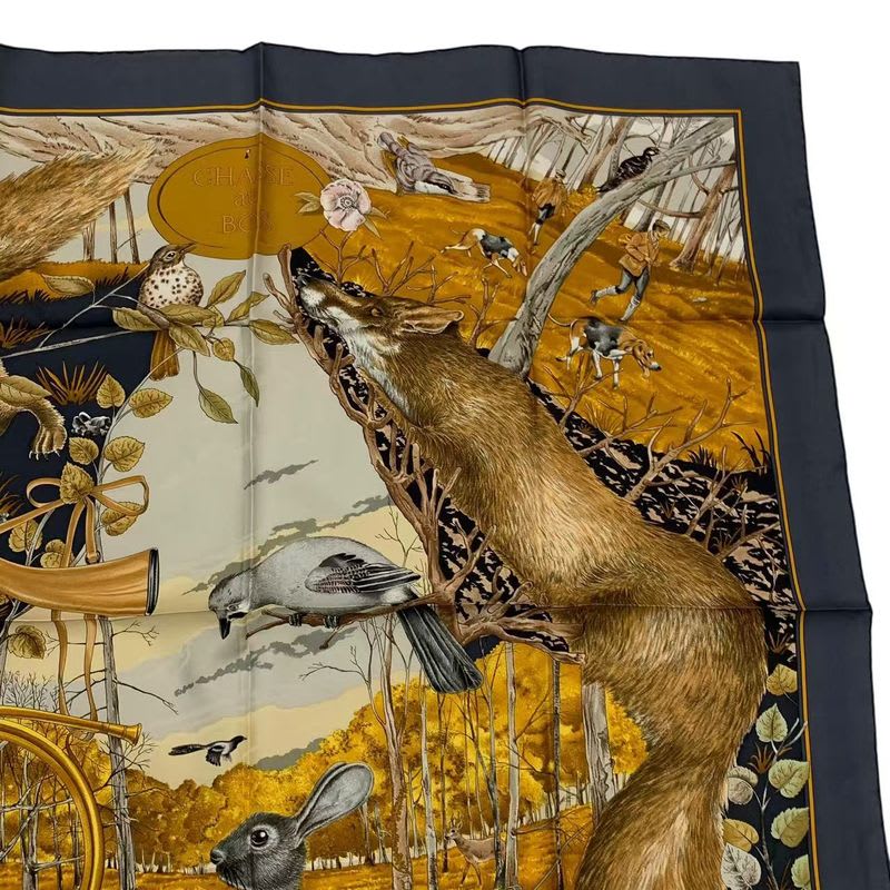 Hermes Scarf Silk Carre 90 Chasse Au BOIS Forest Hunting Gray — view 3