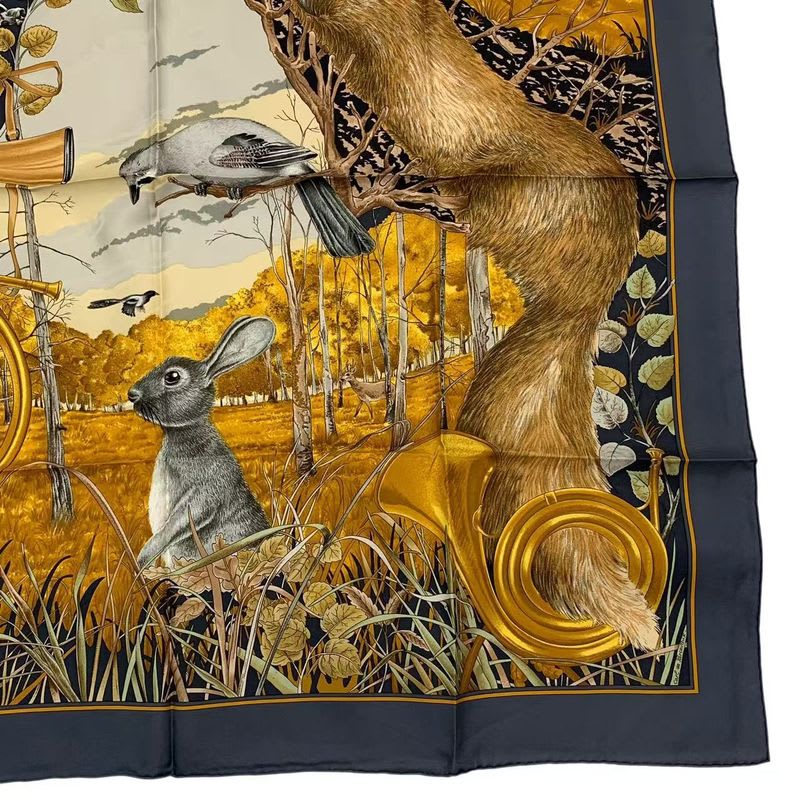 Hermes Scarf Silk Carre 90 Chasse Au BOIS Forest Hunting Gray — view 5